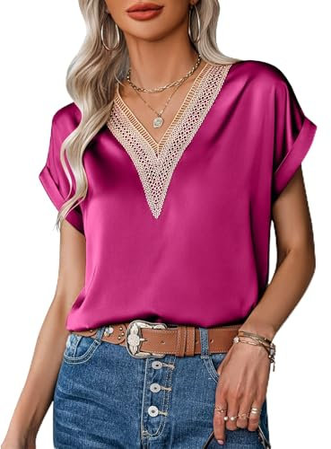 Zeagoo Chemisier Femme Satin Chemise Manche Courte Chic et élégant Blouse Col V en Dentelle Ample Tee Shirt Haut Rose Rouge S