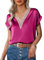 Zeagoo Chemisier Femme Satin Chemise Manche Courte Chic et élégant Blouse Col V en Dentelle Ample Tee Shirt Haut Rose Rouge S