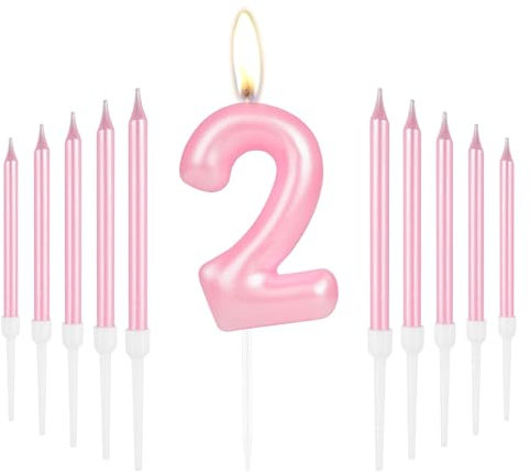 Happy 2nd Birthday Pink Long Stick Number 2 Candles for Cake, Cupcake Toppers for Girl Baby Birthday Party & Wedding Anniversary Decorations