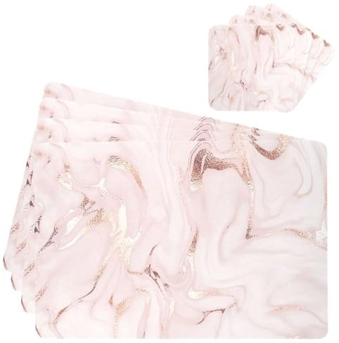 Placemats and Coaster Set of 4, Rose Gold Waves Marble Table Mats PVC Heat Resistant Waterproof Non-Slip Dinner Table Mats