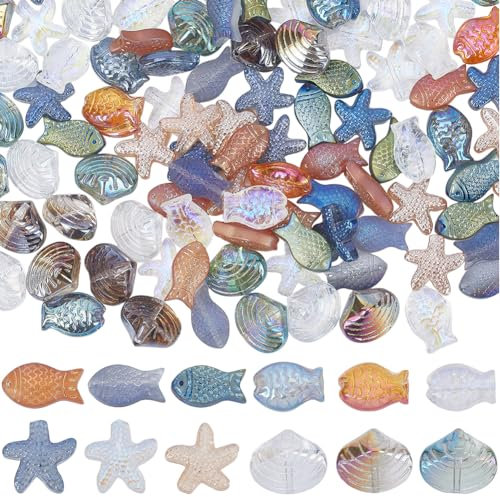 SUNNYCLUE 1 Caja 120 Piezas Cuentas de Vidrio de Mar Cuentas de Vidrio de Peces Cuentas de Conchas de Estrella de Mar Océano Verano Hawaii Cuentas de Animales Marinos Cuentas de Vidrio Electrochapado