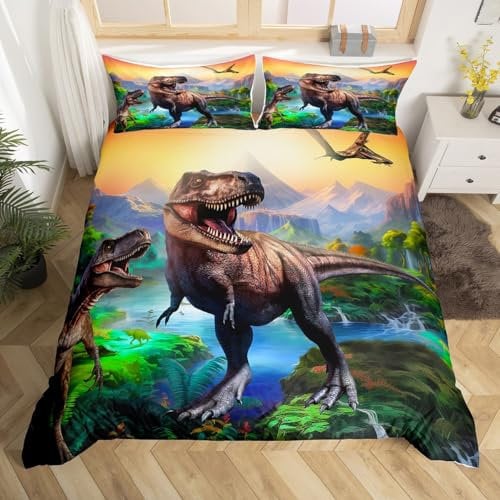 Homewish Kids Dinosaur Double Duvet Set Cartoon Jungle Dino Bedding Double Bed Set,3D Ancient Animals Quilt Cover Dinosaur Room Decor for Boys Men, Bedding & Linen Zipper 2 Pillow Cases
