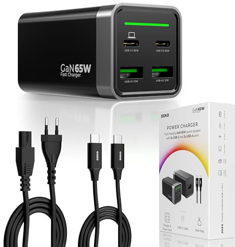 DEKO Cargador USB C 65W Doble Puerto - Carga Rápida Con Cable 100W - GAN Charger PD Compatible Con Laptop, MacBook, iPhone, Samsung