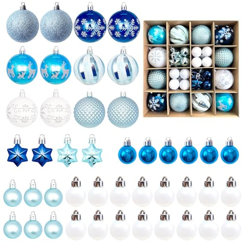 BRTNUP 44Pcs Christmas Ball Ornaments Blue White Baubles for Christmas Tree Decorations Set Shatterproof Blue Baubles Hanging Ornaments for Xmas Tree Wreath Christmas Party Wedding