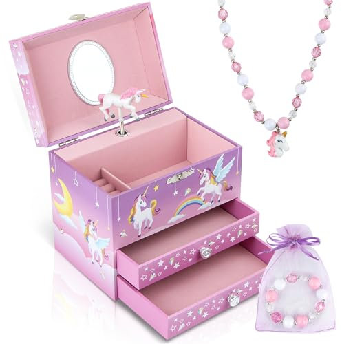 Anyiner Einhorn Schmuckkästchen für Mädchen, Musikalische Schmuckschatulle (Pink Pony)