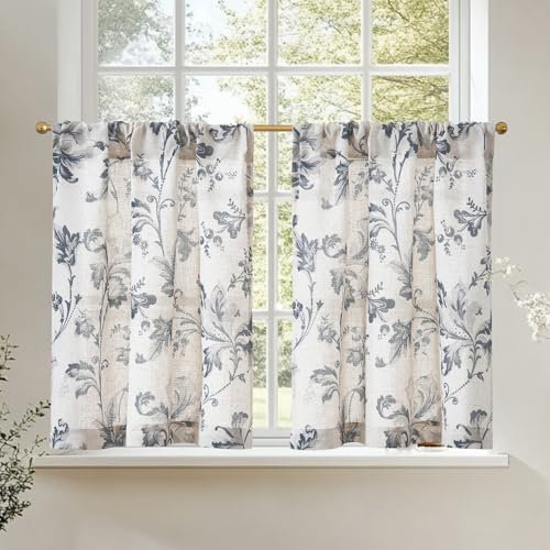 TOPICK Cortina de Cocina con Estilo Floral Vintage con Bolsillo para Varilla Translúcido Lino Aptas para Cocina Estilos Rurales Rústicos Retro y de Granja Azul Juego de 2 Unidades 65 x 90 cm