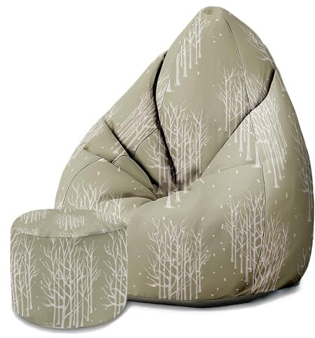 DreamRoots Sitzsack Erwachsene mit Füllung 80x80x120cm - Bean Bag Chair - Sitzsäcke mit Lehne und Hocker und Bezug - Sitzsack Sessel - Chill Sessel Velvet White Tree