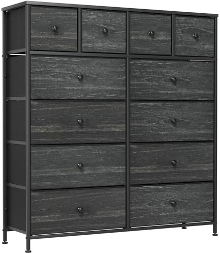 Clevich Stoff-Kommode, Schminktisch Schrank, Aufbewahrungsschrank, 12 Schubladen aus Stoff, Metallrahmen, industrieller Stil, für Wohnzimmer, Flur, Schlafzimmer (Schwarz)