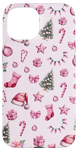 Hülle für iPhone 15 Weihnachts-Licht und Weihnachtsmannmütze, kokettes Muster, Rosa
