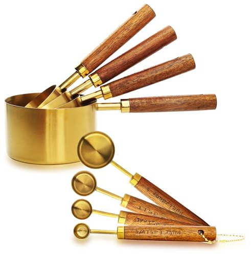 Measuring Cups and Spoons Set - Gold Measuring Spoons with Acacia Wood Handle - Metal Measuring Cups Set for Cooking Baking - Set of 10 pcs