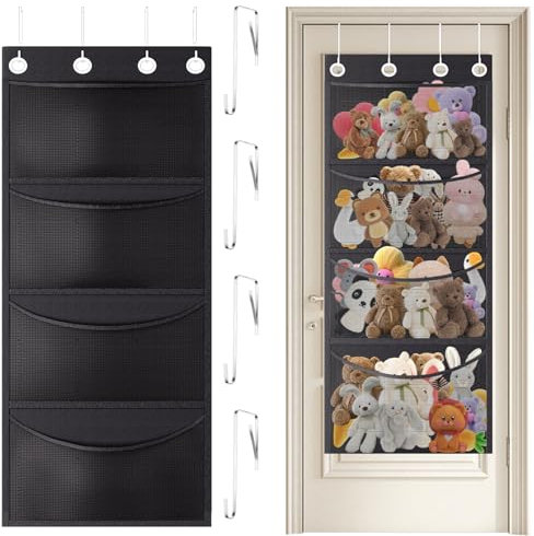 Cookmaster Stuffed Animal Storage with 4 Large Pockets, Over The Door Organizer Storage, Hanging Door Organizer for Nursery, Bedroom, Bathroom, Kids Room (Black)