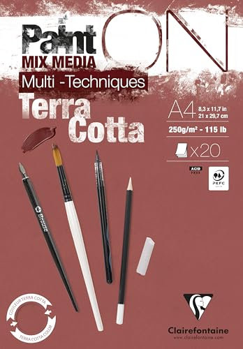 Clairefontaine 976153C - Zeichenblock / Malblock PaintON Terracotta, DIN A4, kopfseitig geleimt, 20 Blatt 250g, ideal für Mixed Media, 1 Stück