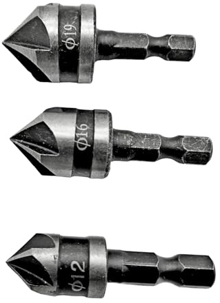 3 tlg Senker Bohrer Kegelsenker Set Ø 12,16,19mm geschärft für Akkuschrauber Sechskant Bit HEX für Holz, Faserplatten, Spanplatten, Sperrholz, Kunststoff, Aluminium
