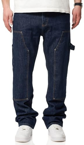 behype. Herren Jeans Straight-Fit Carpenter Jeanshose 100% Baumwolle Denim Hose Used Look Men's DC_JN-247-Indigo-W38