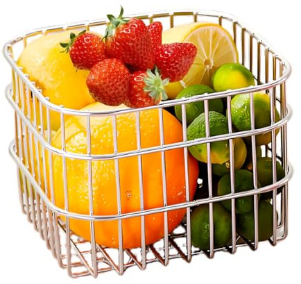 VANEME 304 Stainless Steel Fruit Bowl, Rustproof Kitchen Counter Basket - 6.3x6.3 Inch Heavy Duty Fruit Basket for Fruits, Vegetables & Snacks (Silver)