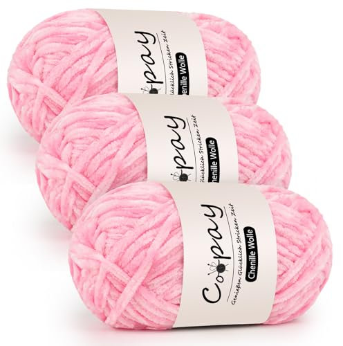 Coopay Chenille Wolle zum Häkeln, 3x100g Samtig Chenillegarn, Dicke Flauschige Weich Chenille Garn, Chenille Wolle, Weicher Plüschwolle Häkelgarn für Decken, Schals - Rosa