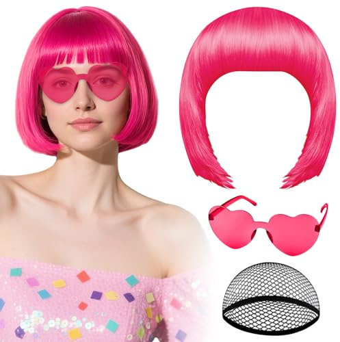 Perruque Bob rose vif avec lunettes de soleil en forme de cœur et bonnet pour femme perruque courte Bob fluo PLULON postiches amusantes et colorées pour enterrement de vie de jeune fille