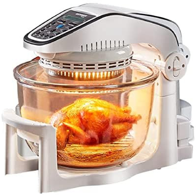 10L Halogen Infrared Convection Oven with Removable Glass Bowl, Multicooker with Time & Temperature Controls for Roasting, Frying, Toasting, and Crisping