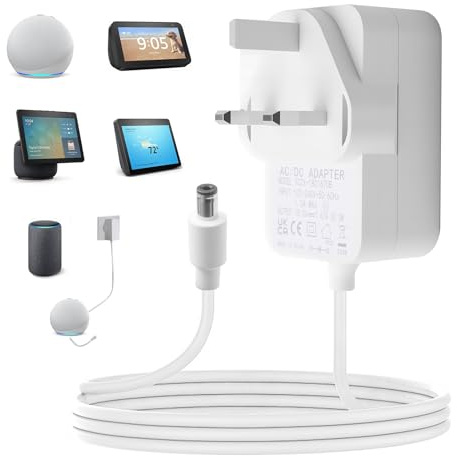 30W Power Adapter for Alexa Echo (3rd 4th Generation) Show 8 10 15 21 Echo Plus (2nd Gen) Show (2nd Gen) Charger 1.5M Power Cable with UK Plug Wire 18V 1.67A Plug Cord Adapter (White)