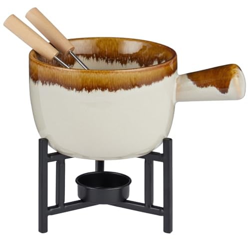 BUTLERS Schokoladenfondue 490 ml Steinzeug - AU CHOCOLAT - | Farbe Beige - reaktive Glasur im Retro Look - Gabeln mit Eichenholzgriff - stabiles Set für Schokolade & Obst