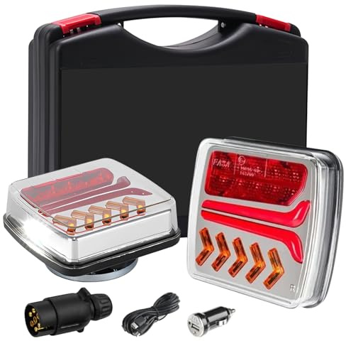 LED Rückleuchten Anhänger Kabellos, 12/24V Magnetische Funk Rücklicht Set | mit Bremslicht, Blinker, Positionslicht & Kennzeichenlicht, Wasserdicht IP65 für LKW, Traktor, Wohnwagen