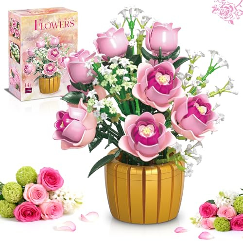 kiothdre Bouquet de Roses à Construire avec Vase – 1056 Pièces, 9 Roses et 5 Gypsophiles, Kit Créatif pour Adultes, Cadeau pour Femme, Décoration Maison
