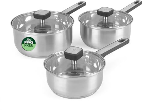 SALTER Expert Topfset, 3-teilig, 16/18/20 cm | Edelstahl mit PFAS-freier Beschichtung, Deckel aus gehärtetem Glas, hitzebeständige Griffe