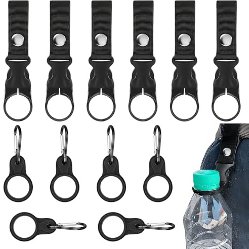 AUGTYRLV Portabottiglie 12 Pezzi Nero in Nylon con Moschettone per Cintura | Supporto Bottiglie d'Acqua, Gancio Universale, Viaggio, Escursionismo, Campeggio