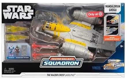 Jazwares Star Wars : The Mandalorian – Véhicule de luxe (véhicule de 20,3 cm et 2 figurines) – Razor Crest Microgalaxy