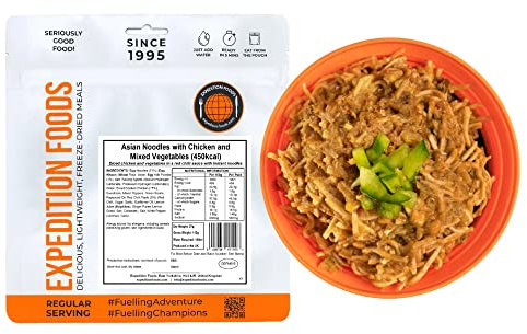 EXPEDITION FOODS Asian Noodles with Chicken and Mixed Vegetables (Single Serving / 450kcal) | Freeze-Dried Camping & Hiking Food