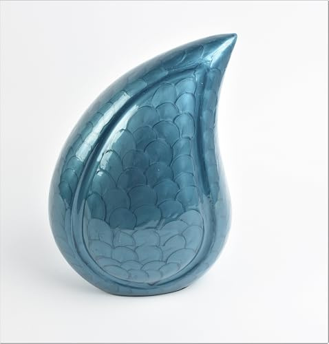 Aluminium Teardrop Urn ashes cremation funeral keepsake memorial Adult Capacity Handcrafted 12 Inch Secure Threaded Base Design (Blue)