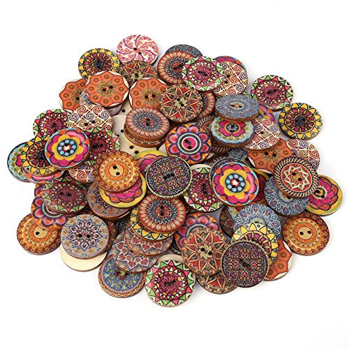 100 Stücke 25mm Holzknöpf, Retro Bunte Knöpfe, Malerei Geometrishes Muster Kinderknöpfe mit 2 Löcher, für Nähen, Basteln, Dekoration, DIY, Kleid