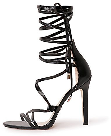 Only maker Damen Plateau Sandaletten Glitzer Metallic Sandalen Pumps Riemchensandalen High Heels Stiletto Lack Schwarz 46 EU