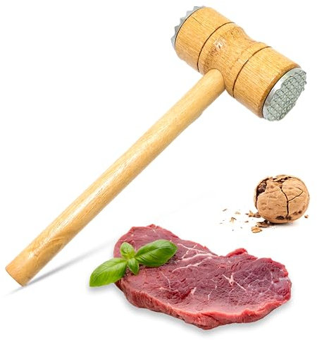 Egypto Eco-Friendly Wooden Meat Tenderizer Hammer Marinating Prep Tool with Double Sided Metal Teeth - Durable Wooden Meat Mallet Tool and Meat Pounder - Perfect for Steak, Chicken, and BBQ Prep