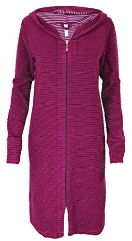 Aquarti Damen Bademantel Morgenmantel mit Reißverschluss Streifen Kurz Baumwolle, Farbe: Streifenmuster Lila, Größe: XL