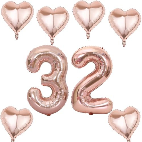 Roségold Zahlen Luftballon 32 +6 pcs herz Heliumballon 32. Geburtstag Deko für Frauen,40 Roségold Riesen Folienballon 32 für 32 Jahre Geburtstag deko, Helium Zahlenballon 32