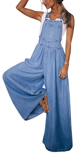 chouyatou Women's Loose Adjustable Strap Wide Leg Denim Bib Overalls Baggy Distressed Jean Overalls Pants (XX-Large, Blue)