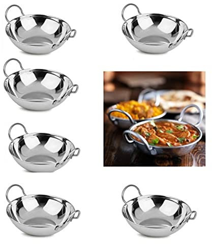 U COOK Balti Dish Set of 6. Curry Karahi Bowel and Indian Cuisine Stainless Steel Dishes. Restaurant Style Food Cooking and Serving Handled Dishes Small, Medium and Large. (Dish 15cm)