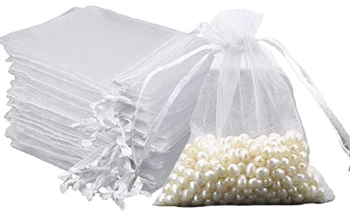 Intckwan 50 Stück Weiß Organzasäckchen 10 x 15 cm, Organza Beutel Geschenk Schmuck Hochzeit Bonbonsbeutel Mit Satin-Kordelzug Für Festival Party und Hochzeit