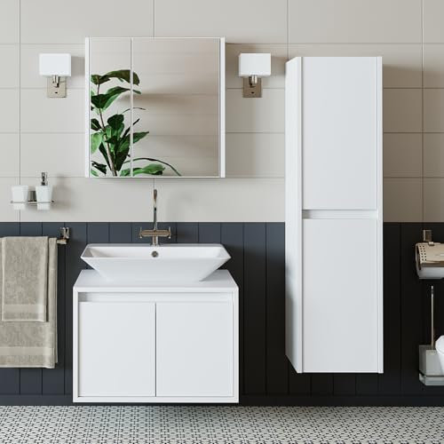 ROOMART • Badezimmer Möbel Set • Atlantic • 4 Teilig • 65cm Unterschrank mit Keramikwaschbecken • Spiegelschrank • Hochscrank (Weiß)