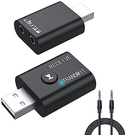 JIMTAB USB Bluetooth Adapter,Bluetooth 5.0 Transmitter Receiver 2 in 1 Wireless Bluetooth Converter Built-in 2 3.5mm Audio Bluetooth for TV, Home Stereo, Car Stereo, Headphones, Speakers, PC