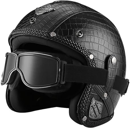 EBAYIN Casco vintage retrò per uomo e donna, Certificazione DOT ECE, 3/4 con visiera staccabile, Nero, Unisex adulti