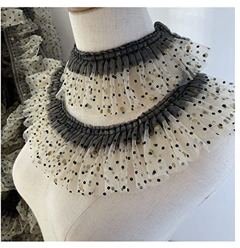 SHTGOI 2 Yards 3 Schichten Aprikose Plissierter Rüschen Netzband mit Schwarze Punkte Plissee Tüll Stoff Mesh Organza Spitzenbordüre für Nähen Kleid Kragen Manschetten Lolita-Kleidung 8 cm Breit
