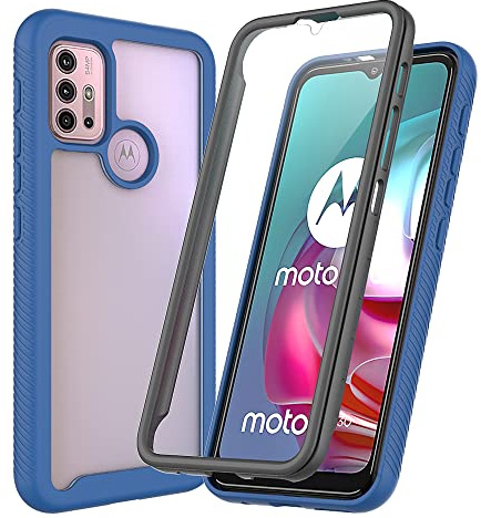 DESSEN Transparente Funda para Motorola Moto G30/G20/G10, Carcasa Bumper Anticaída con Protector de Pantalla, Protección de Cuerpo Completo de 360 ​​Grados Case. Azul Oscuro