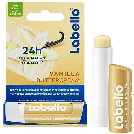 LABELLO Vanilla Buttercream (1 x 5,5 ML), Baume à lèvres enrichi en huiles Naturelles et vitamines C & E, Soin des lèvres Hydratation Longue durée Pendant 24H