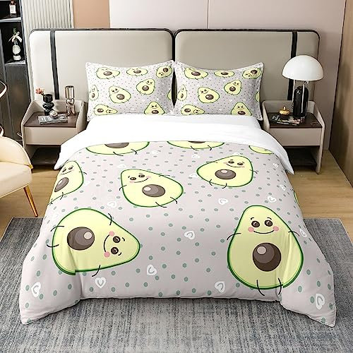 100% Gewaschene Baumwolle Avocado Bettbezug für Kinder Jungen Mädchen,Grüne Gelbe Avocado Bettwäsche Set 155x220,Cartoon Tripical Früchte Tröster Abdeckung,Kawaii Nette Bett Sets mit1 Kissenbezug