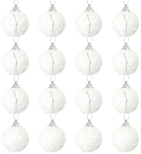 Pack of 16 White Christmas Baubles 4cm Glitter Hanging Ornaments Shatterproof Xmas Balls for Christmas Tree Decoration Holiday Wedding Party Home Festival Decor (White)