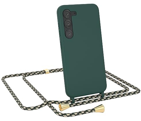 EAZY CASE - Handyhuelle mit Kordel zum Umhängen - Samsung Galaxy S23 Ultra Dünn, Flexibles Silikon, Fallschutz, Guter Griff Handyhülle, Nacht Grün/Grün Camouflage Clips Gold