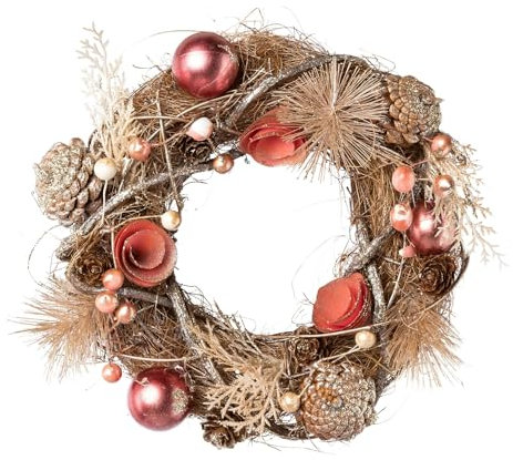CREATIV Home künstlicher Rattan-Kranz 24x24x7cm in rosa I Weihnachtskranz mit Zapfen & Weihnachtskugeln I hochwertige Weihnachtskranz Deko I Türschmuck Weihnachten ideal als Indoor Weihnachtsdeko