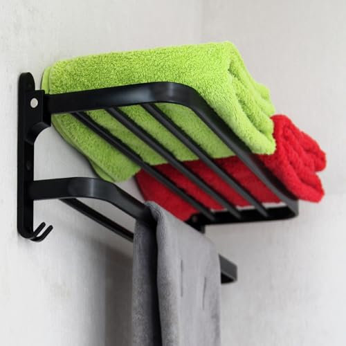 12&9 Toallero de baño Negro con Estante Plegable Porta Toallas, Barra para Toallas, Organizador de baño, Accesorio para baño y Ducha, Adhesivo o con Taladro, con diseño Moderno y Funcional